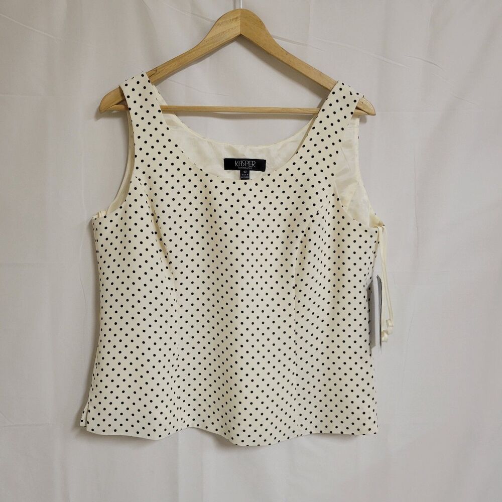 Kasper Vintage Polka Dot Sleeveless Blouse Shell Top Cream Black Size 12 NWT